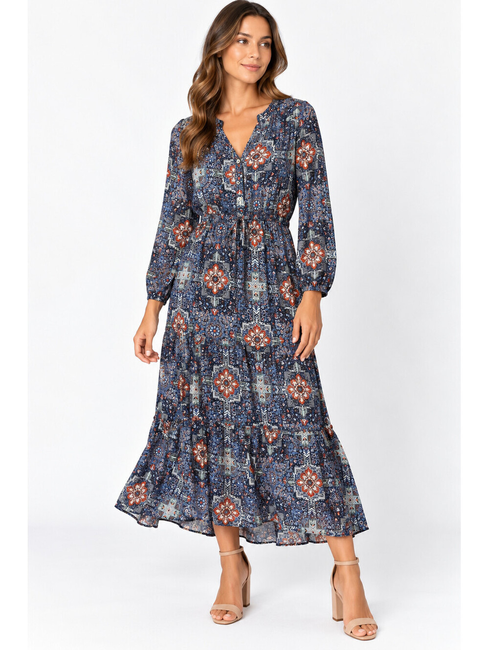 Xhilaration Women’s Small Blue Mosaic Floral Boho Maxi Dress Long Sleeve NWT
